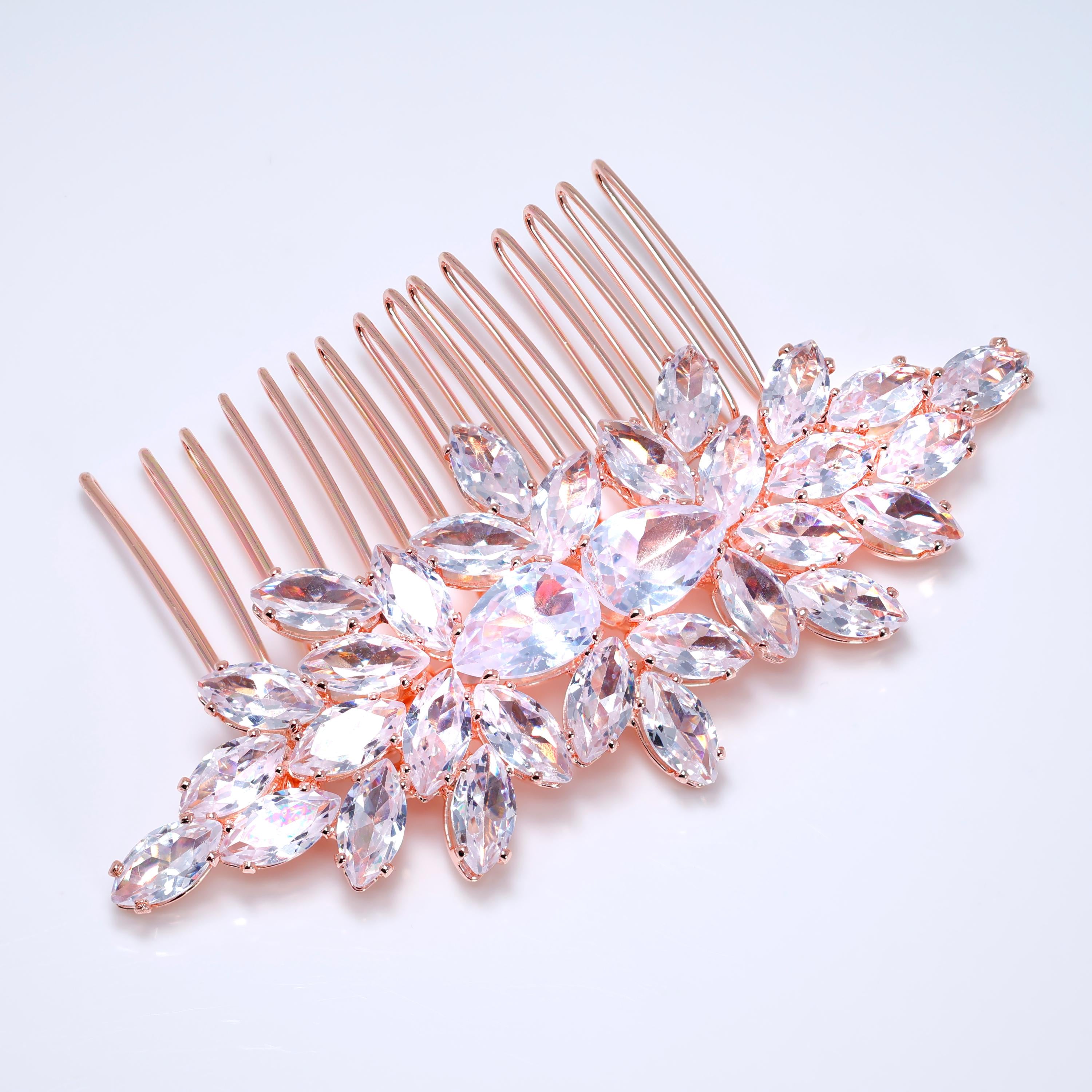 Rose Gold Flowers And Petals Bridal Hair Comb: Cubic Zirconia Wedding Accessory
