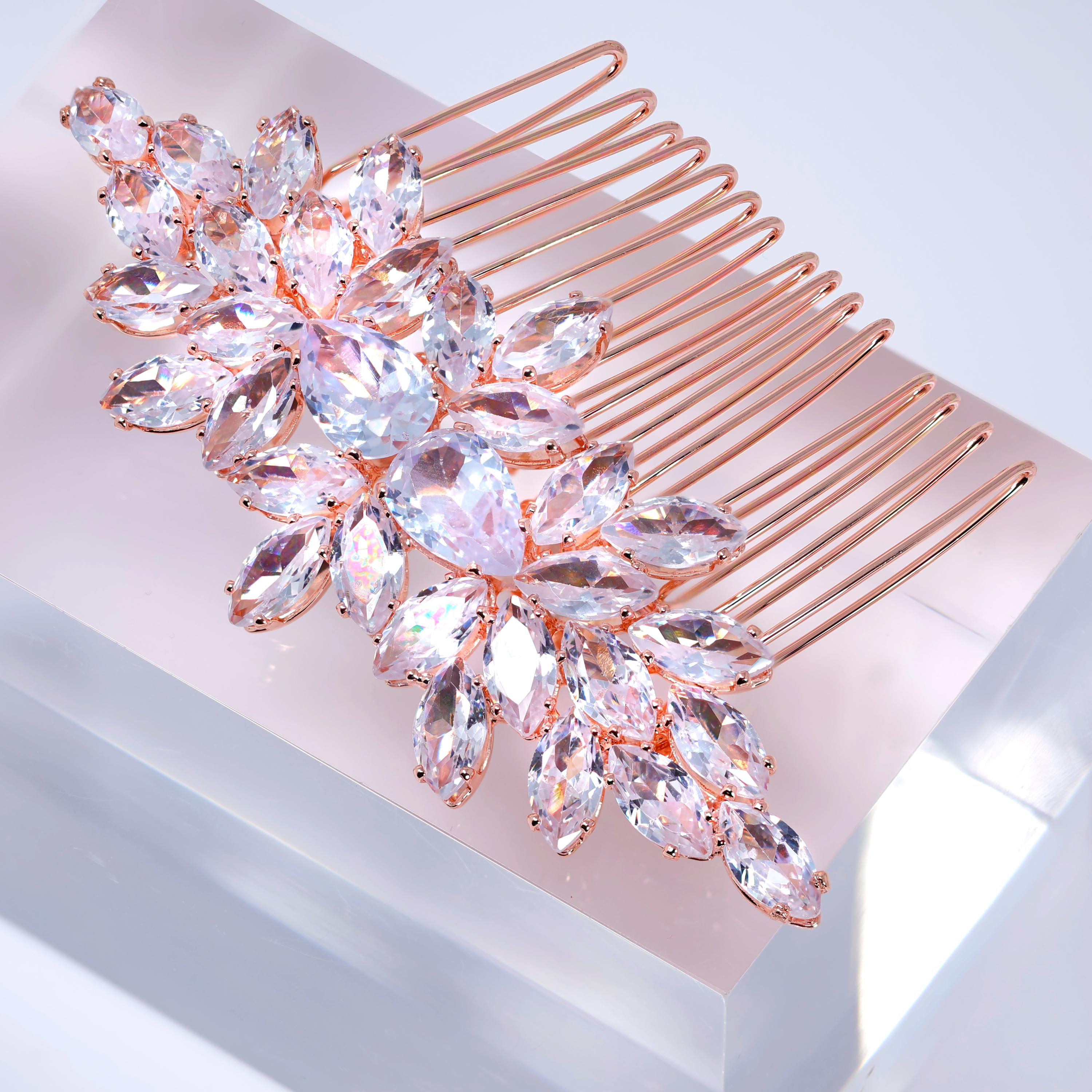 Rose Gold Flowers And Petals Bridal Hair Comb: Cubic Zirconia Wedding Accessory