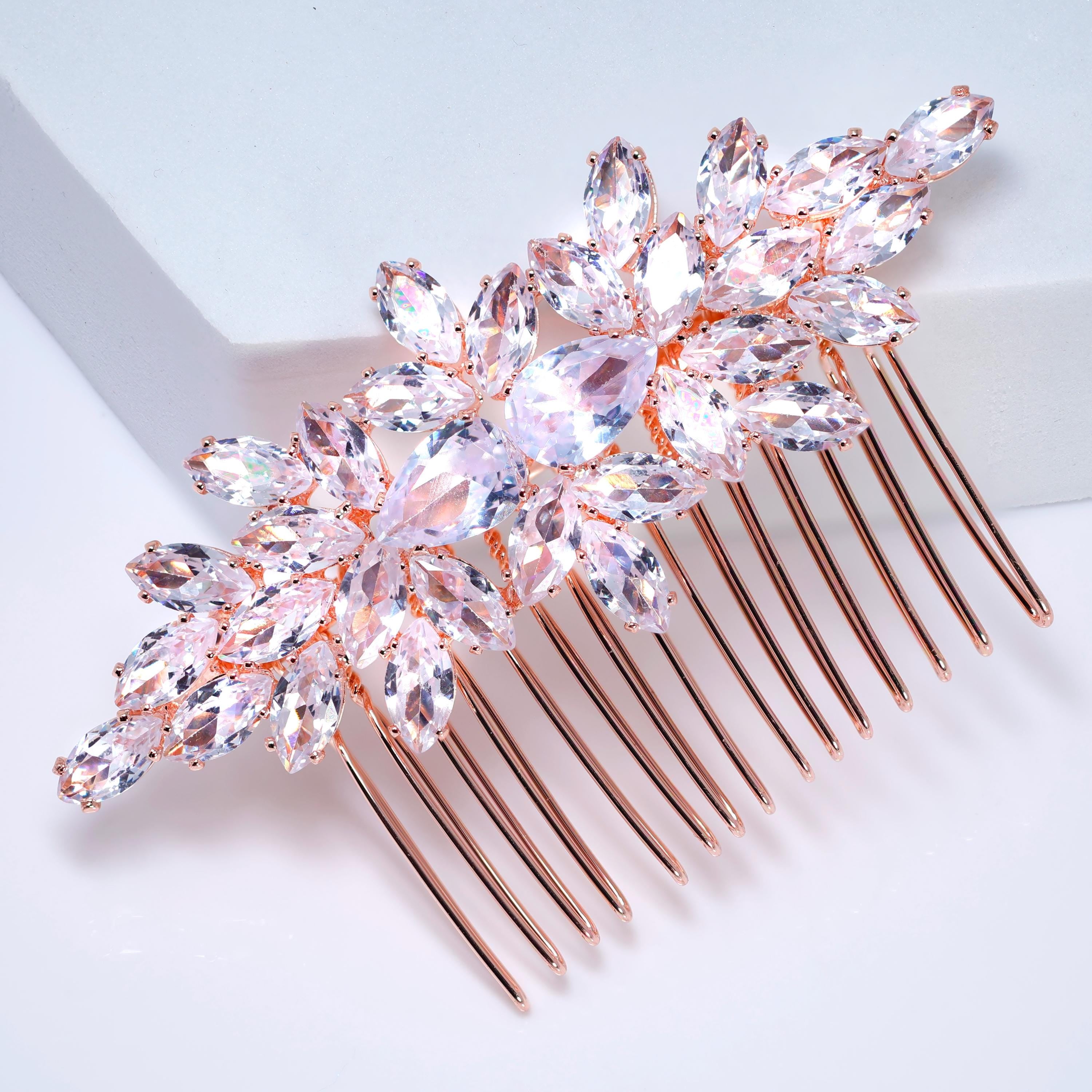 Rose Gold Flowers And Petals Bridal Hair Comb: Cubic Zirconia Wedding Accessory
