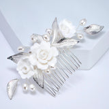 Ceramic White Rose flower And Buds Faux Pearl Hair comb, Bridal Hair piece, Bridal Hair Accessories, Wedding Hair Accessory.
