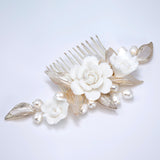 Ceramic White Rose flower And Buds Faux Pearl Hair comb, Bridal Hair piece, Bridal Hair Accessories, Wedding Hair Accessory.