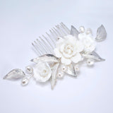 Ceramic White Rose flower And Buds Faux Pearl Hair comb, Bridal Hair piece, Bridal Hair Accessories, Wedding Hair Accessory.