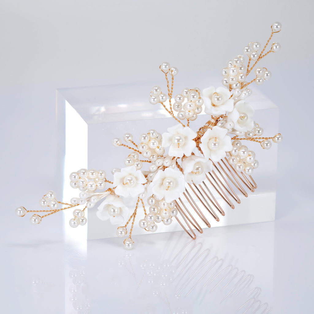 Ceramic White flower In Faux Pearly Garden Hair comb, Bridal Hair piece, Bridal Hair Accessories, Wedding Hair Accessory.