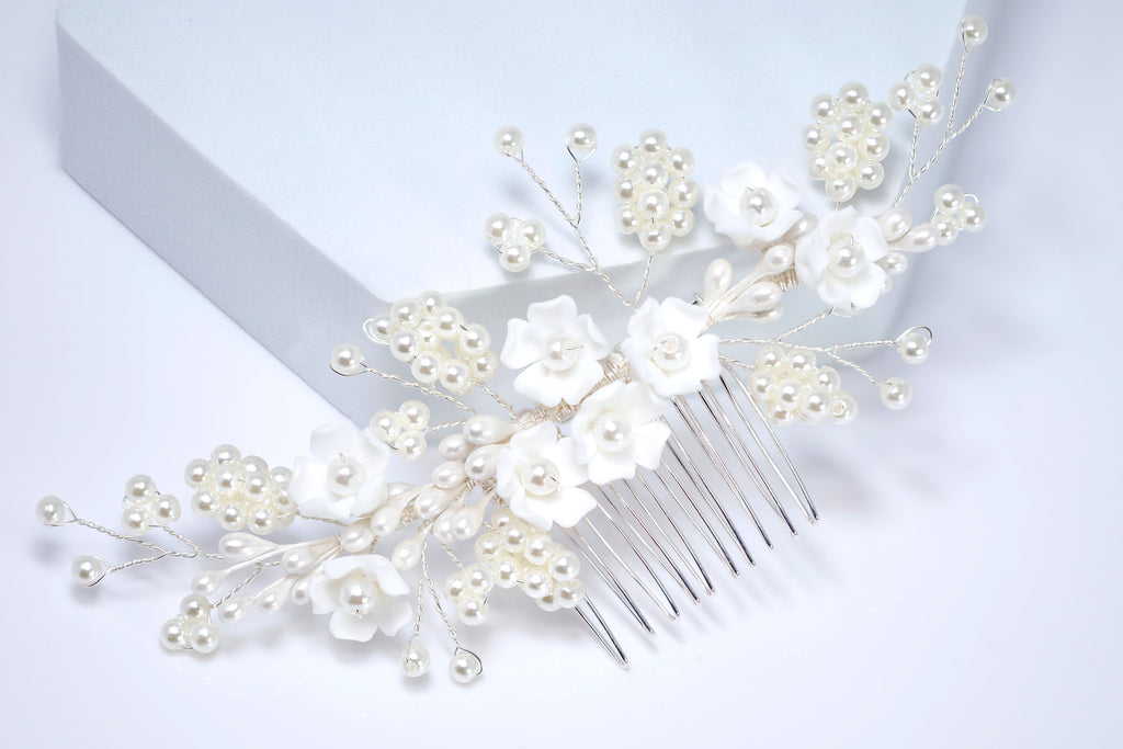 Ceramic White flower In Faux Pearly Garden Hair comb, Bridal Hair piece, Bridal Hair Accessories, Wedding Hair Accessory.