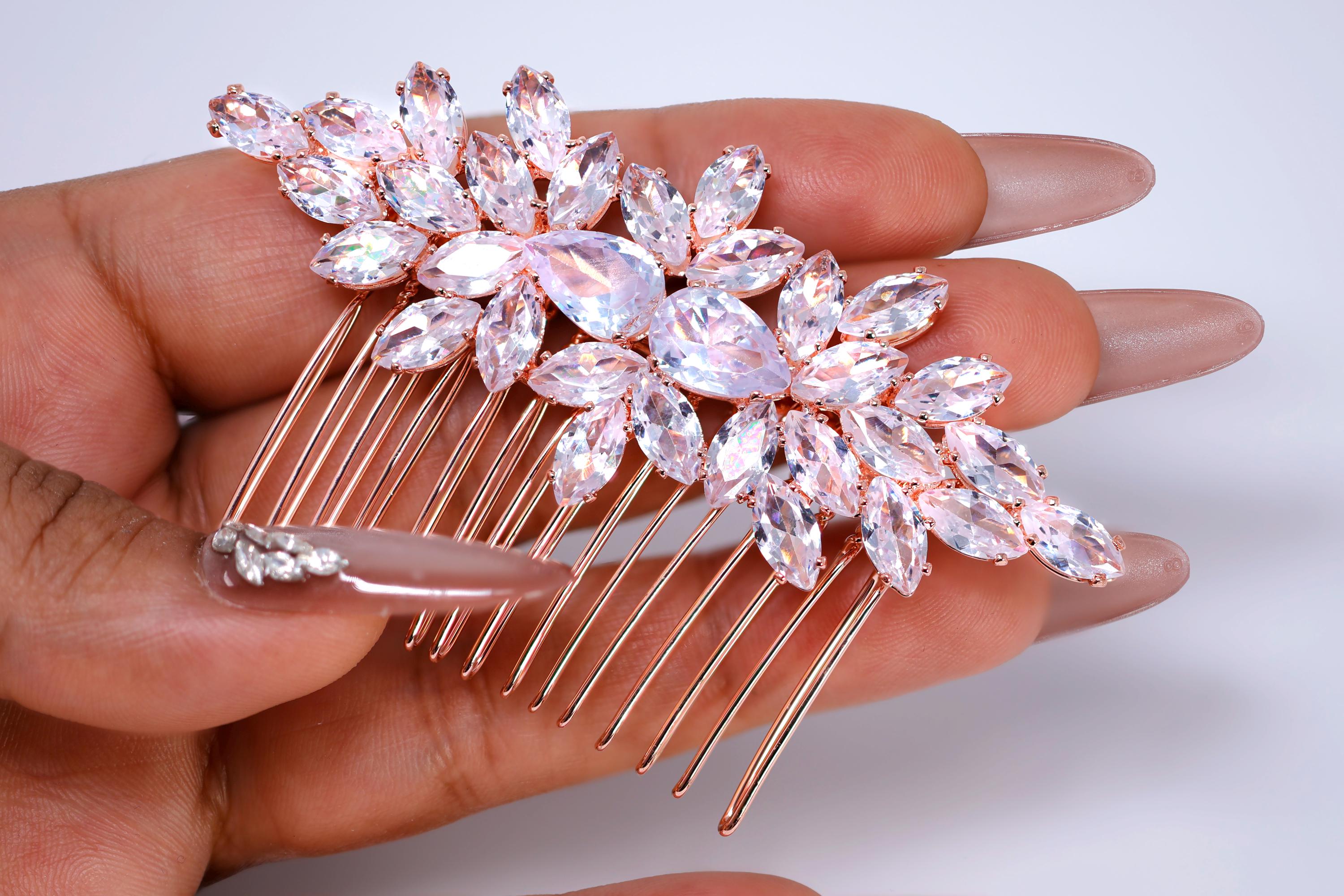 Rose Gold Flowers And Petals Bridal Hair Comb: Cubic Zirconia Wedding Accessory