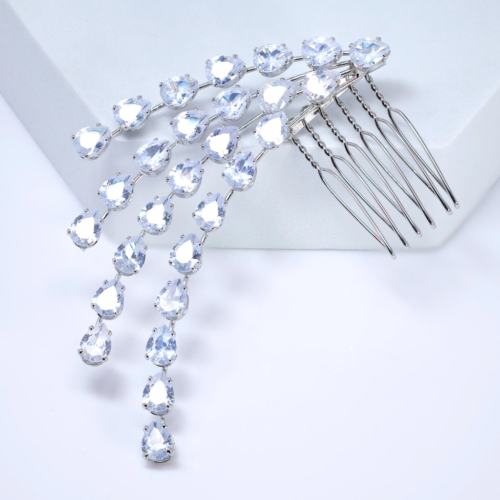 Silver Shimmering Droplets Bridal Hair Comb: Cubic Zirconia Wedding Accessory