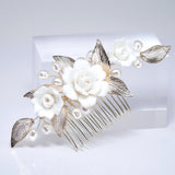 Ceramic White Rose flower And Buds Faux Pearl Hair comb, Bridal Hair piece, Bridal Hair Accessories, Wedding Hair Accessory.