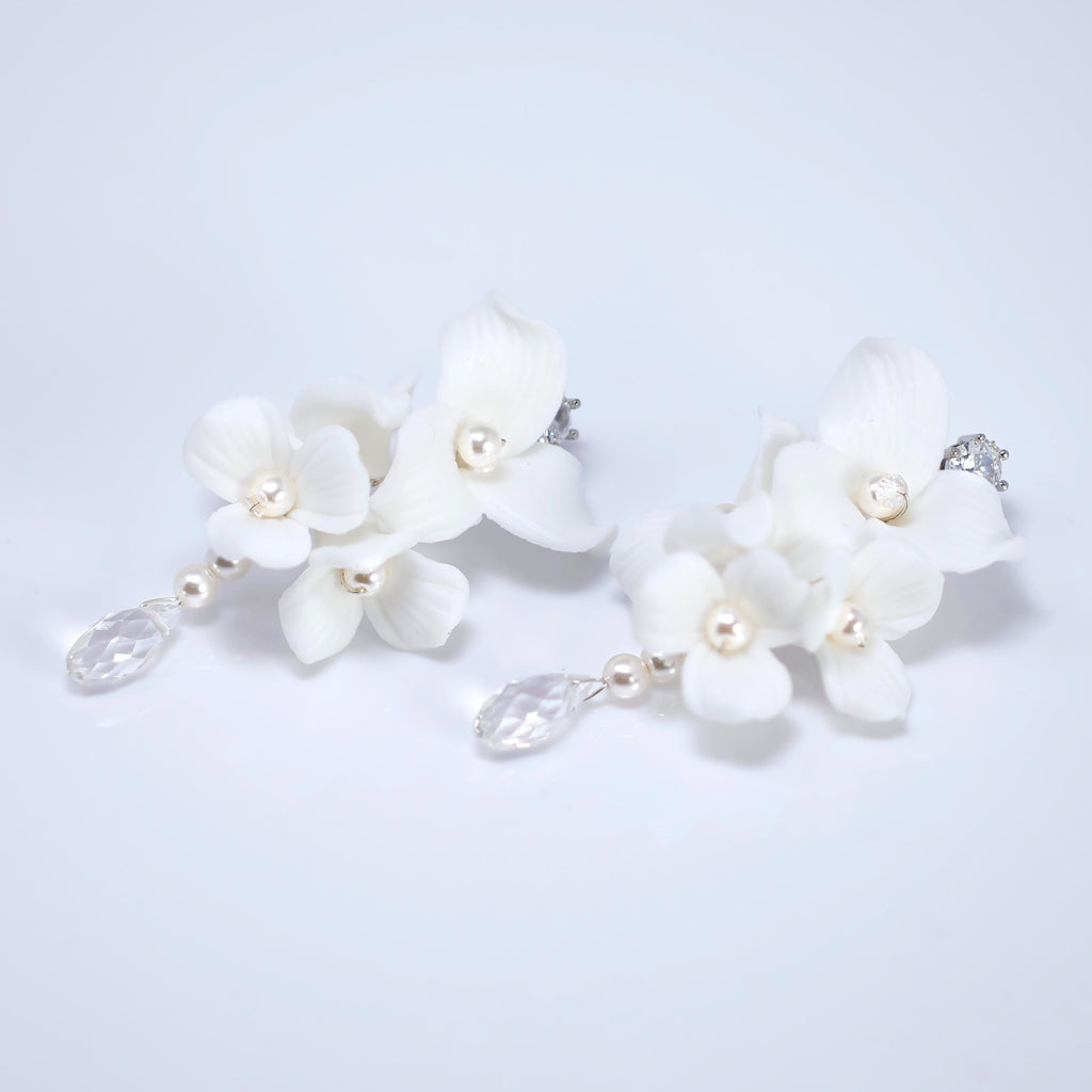 White Floral Seraphina Drop Earring , Bridal Ceramic Rose Earring, Faux Pearl Wedding Earring.