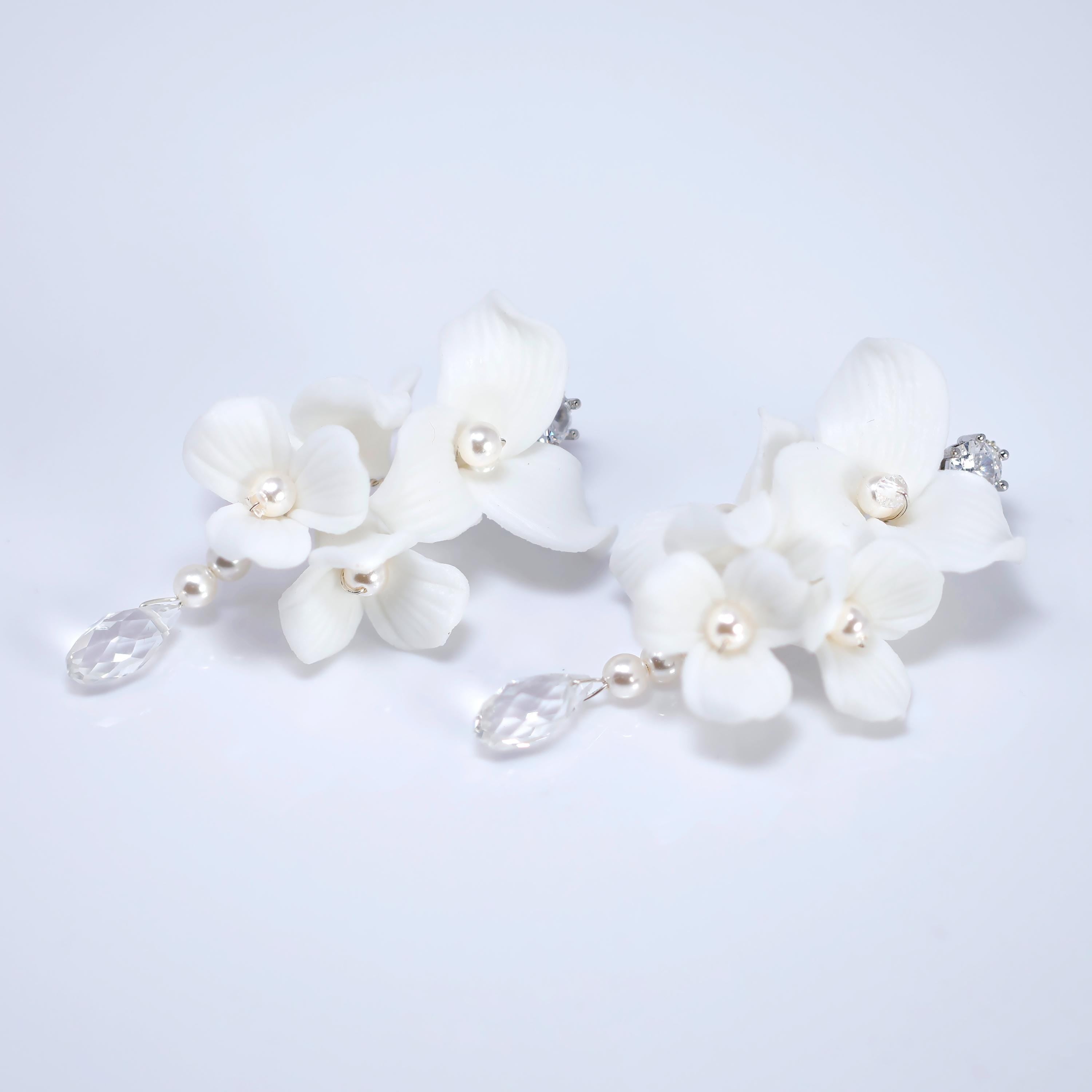 White Floral Seraphina Drop Earring , Bridal Ceramic Rose Earring, Faux Pearl Wedding Earring.