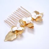 Golden Dreams With Porcelain Floral Petals: Earring, Comb And Hair Pins (Set of 3) Wedding Hair Accessory