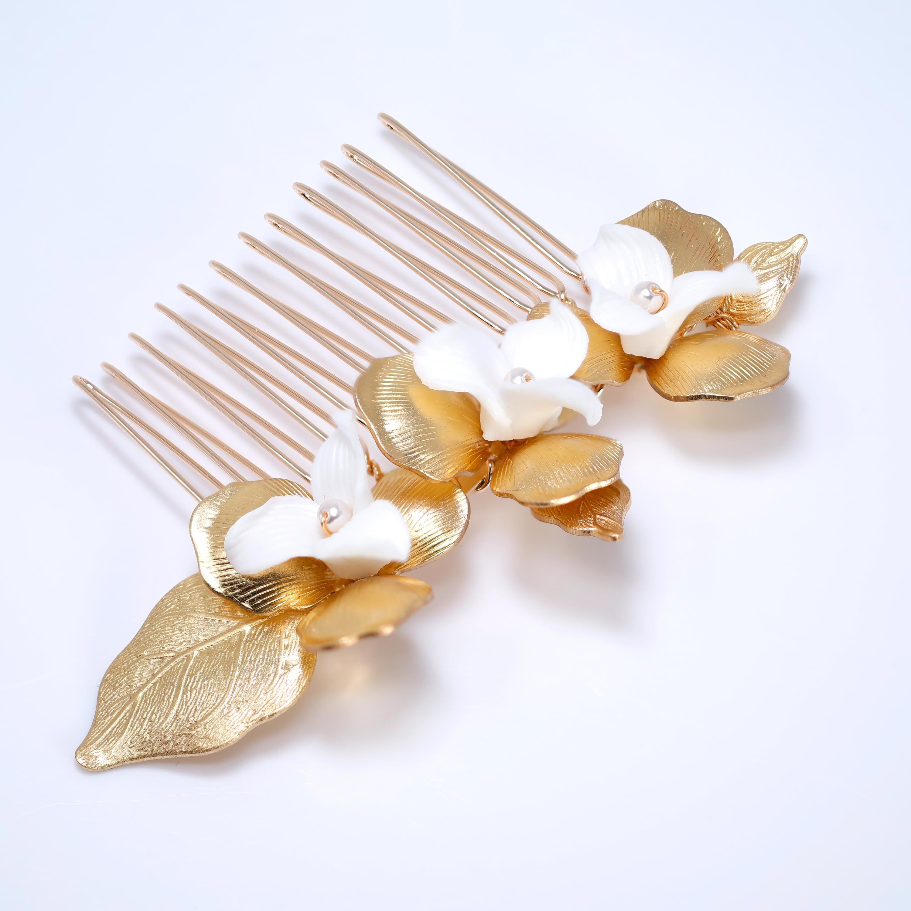 Golden Dreams With Floral Petals: Earring, Comb And Hair Pins (Set of 3) Wedding Hair Accessory
