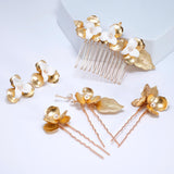 Golden Dreams With Floral Petals: Earring, Comb And Hair Pins (Set of 3) Wedding Hair Accessory