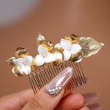 Golden Dreams With Porcelain Floral Petals: Earring, Comb And Hair Pins (Set of 3) Wedding Hair Accessory