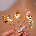 Golden Dreams With Floral Petals: Earring, Comb And Hair Pins (Set of 3) Wedding Hair Accessory