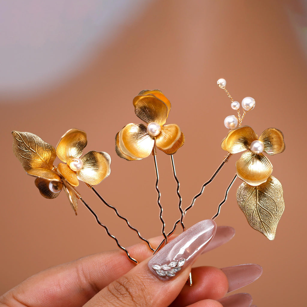 Golden Dreams With Floral Petals: Earring, Comb And Hair Pins (Set of 3) Wedding Hair Accessory