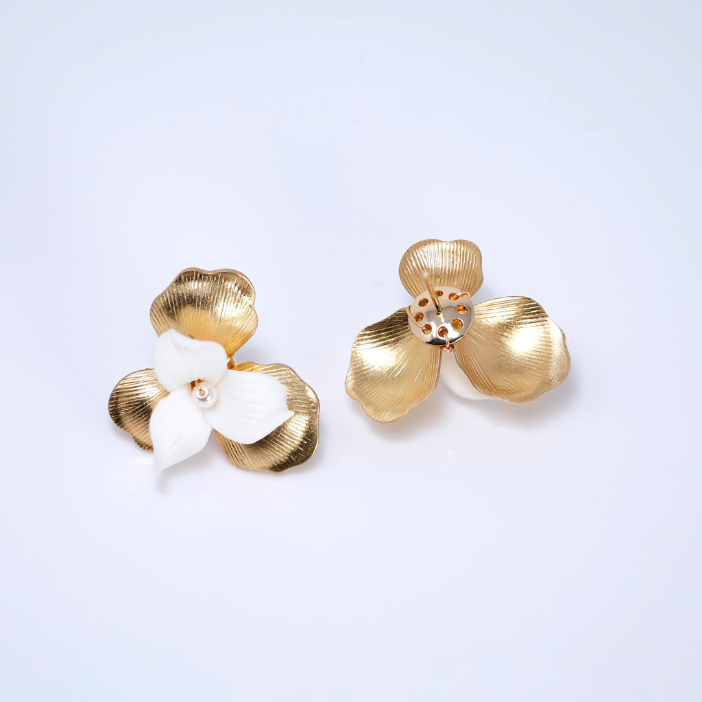 Golden Dreams With Porcelain Floral Petals: Earring, Comb And Hair Pins (Set of 3) Wedding Hair Accessory