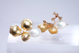 Gold Flower Pearl Drop Clip-On Earring: Floral Pearl Drop Earringsm, Statement Earrings