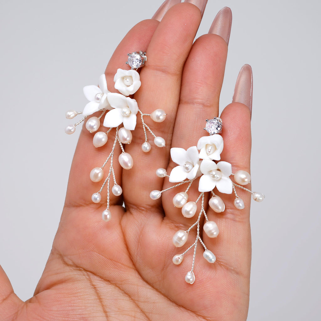 Ivory Serenade Bridal Earrings: White Ceramic Flower With Natural Pearl Leaves