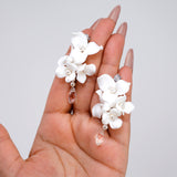 White Floral Seraphina Drop Earring , Bridal Ceramic Rose Earring, Faux Pearl Wedding Earring.