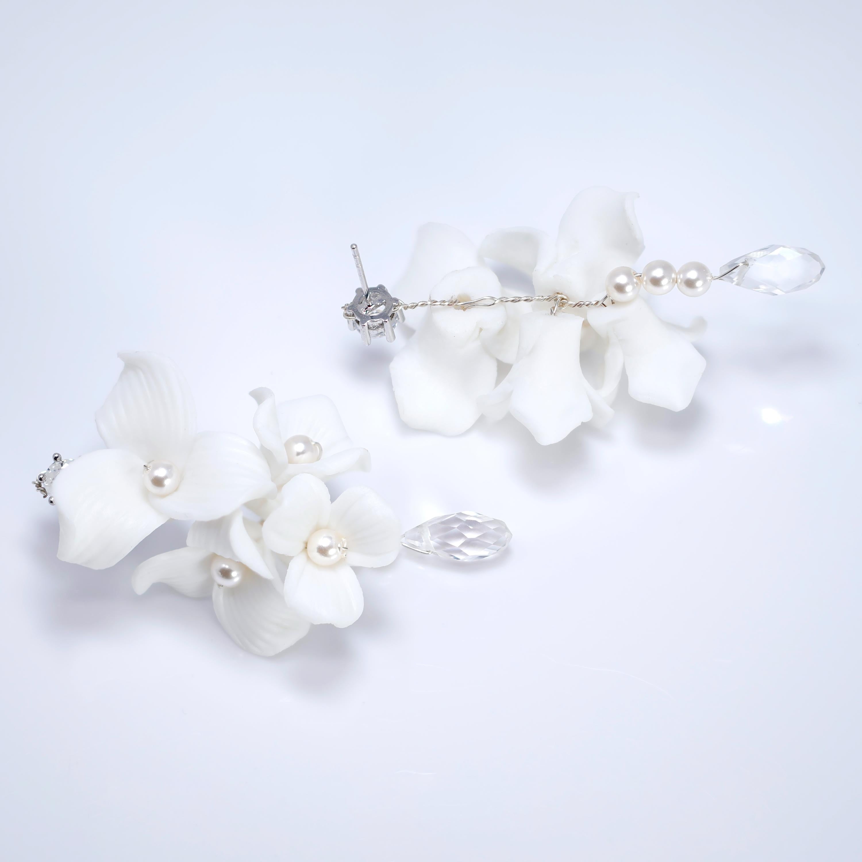 White Floral Seraphina Drop Earring , Bridal Ceramic Rose Earring, Faux Pearl Wedding Earring.