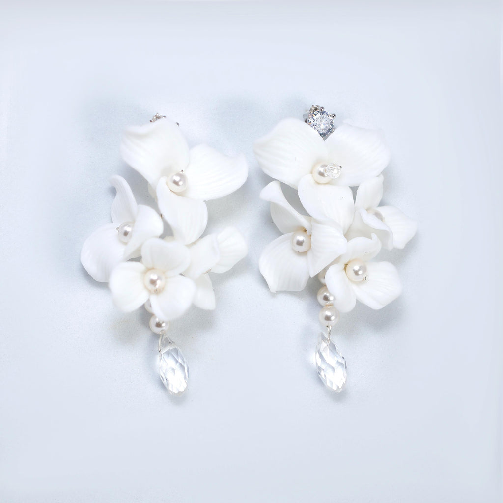 White Floral Seraphina Drop Earring , Bridal Ceramic Rose Earring, Faux Pearl Wedding Earring.