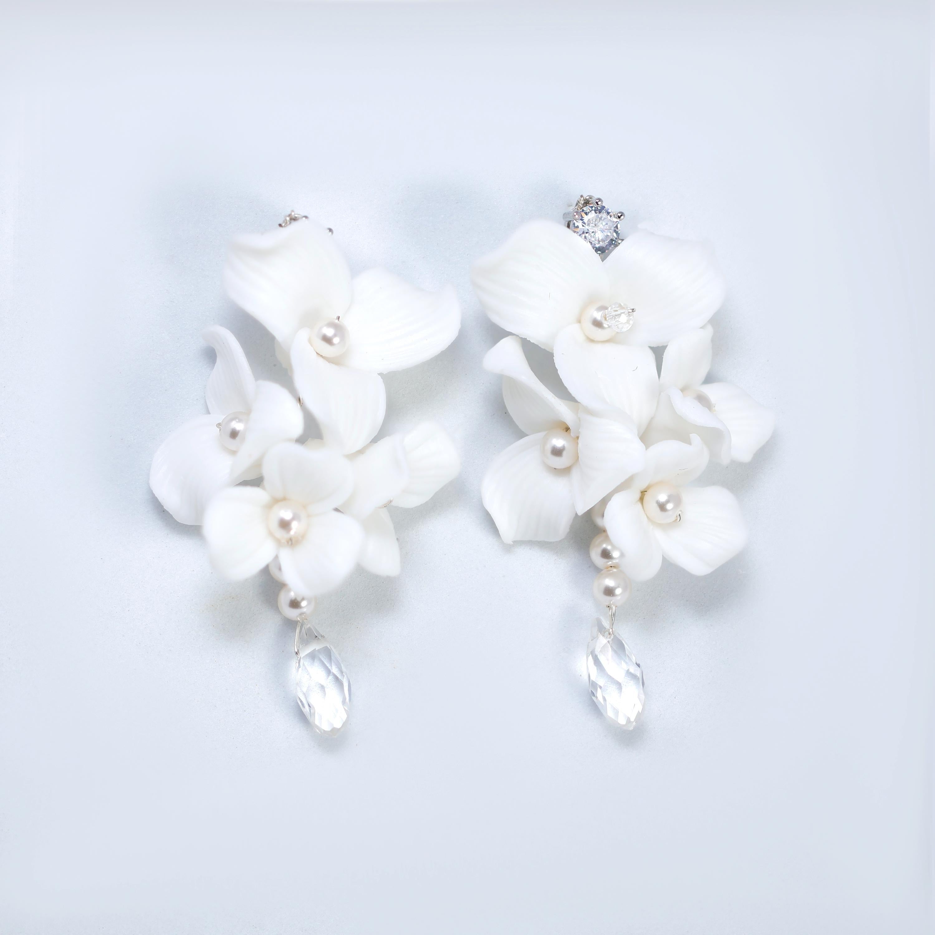 White Floral Seraphina Drop Earring , Bridal Ceramic Rose Earring, Faux Pearl Wedding Earring.