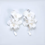 White Floral Seraphina Drop Earring , Bridal Ceramic Rose Earring, Faux Pearl Wedding Earring.