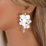 White Floral Seraphina Drop Earring , Bridal Ceramic Rose Earring, Faux Pearl Wedding Earring.