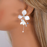 Shimmering Resin Silver Petals And Crystal, Rhinestone Earrings, Long Bridal Jewelry, Clip On Statement Earrings.
