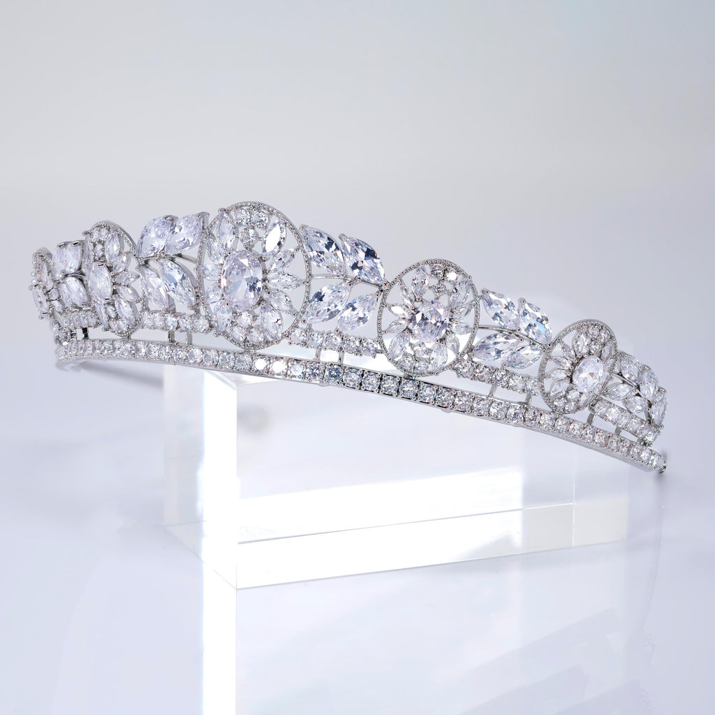 Cubic Zirconia Floral Centered In Divine Tiara, Gift For Her, Bride Tiara, Wedding Jewelry.