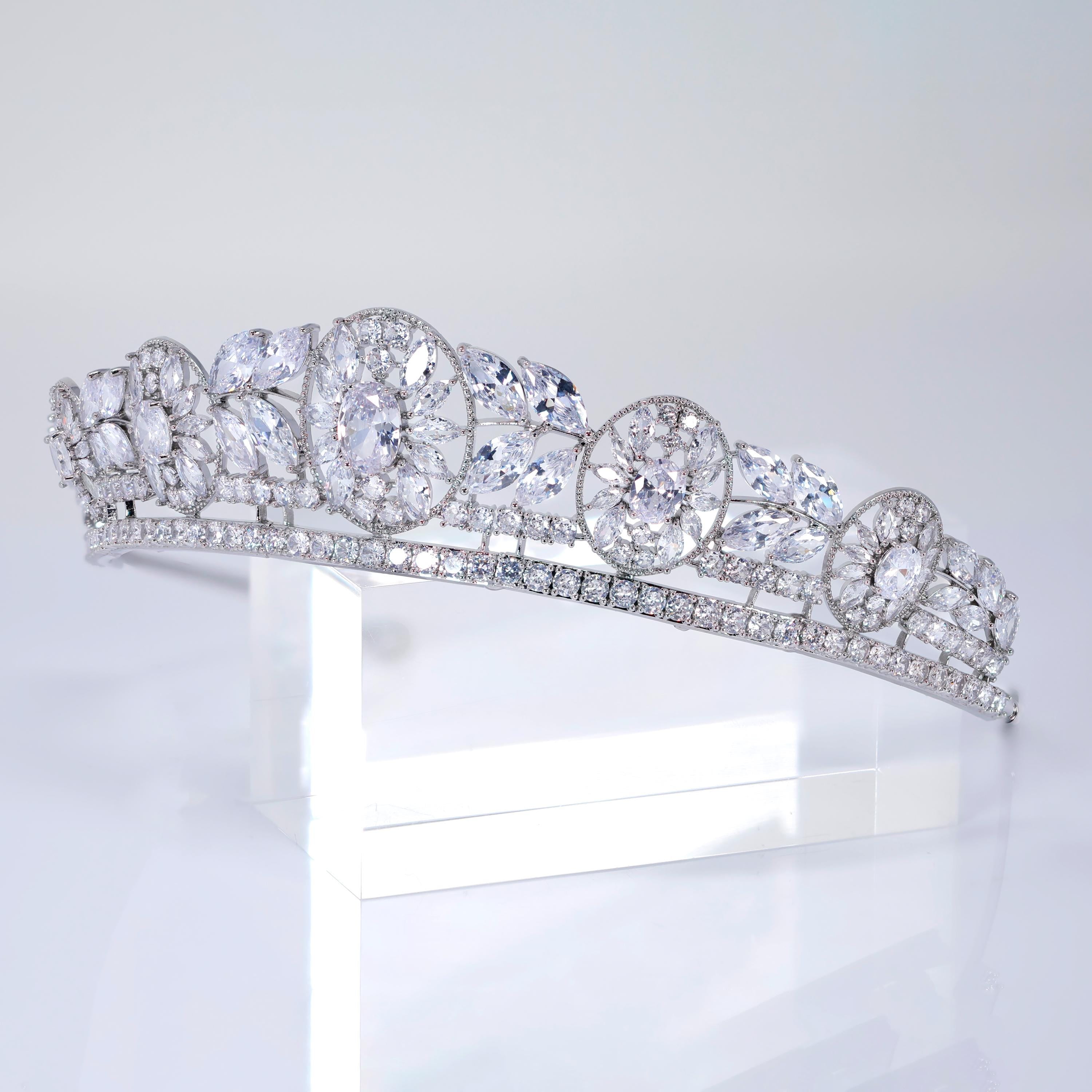 Cubic Zirconia Floral Centered In Divine Tiara, Gift For Her, Bride Tiara, Wedding Jewelry.