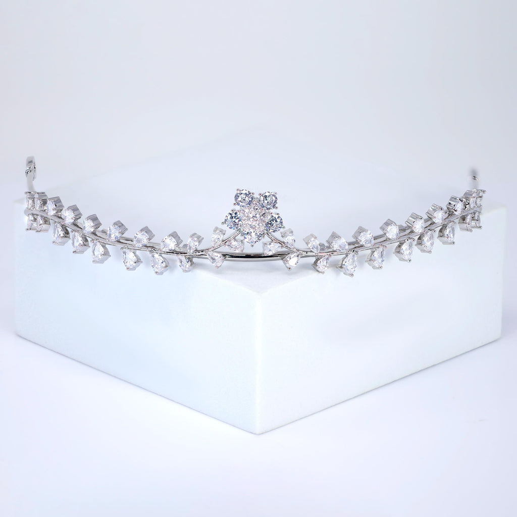 Cubic Zirconia Dainty Flower Surrounding Leaves Tiara, bridal Hair Accessories, crown crystal wedding Tiara For Bun Hairstyle.