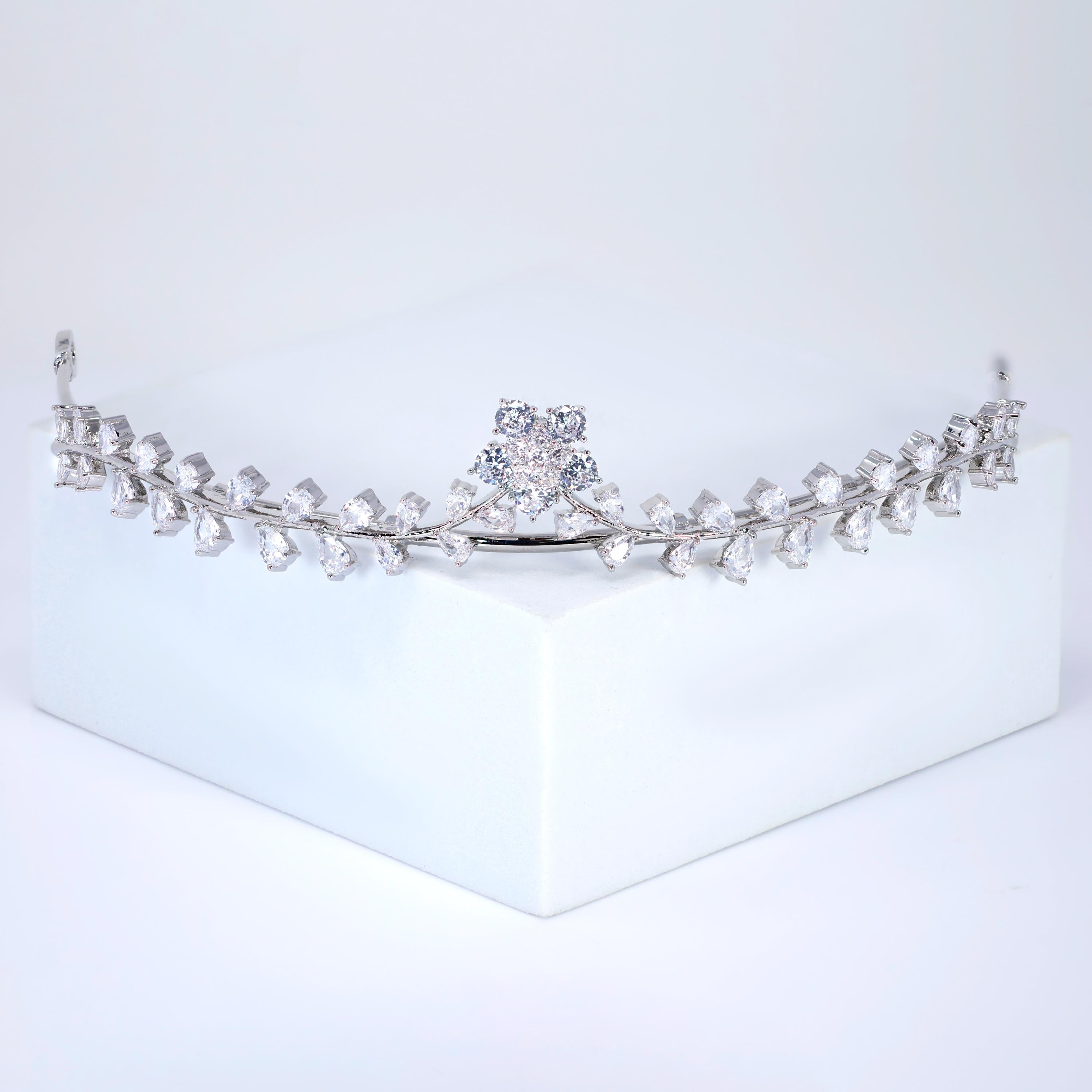 Cubic Zirconia Dainty Flower Surrounding Leaves Tiara, bridal Hair Accessories, crown crystal wedding Tiara For Bun Hairstyle.
