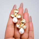Gold Flower Pearl Drop Clip-On Earring: Floral Pearl Drop Earringsm, Statement Earrings