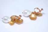 Gold Flower Pearl Drop Clip-On Earring: Floral Pearl Drop Earringsm, Statement Earrings