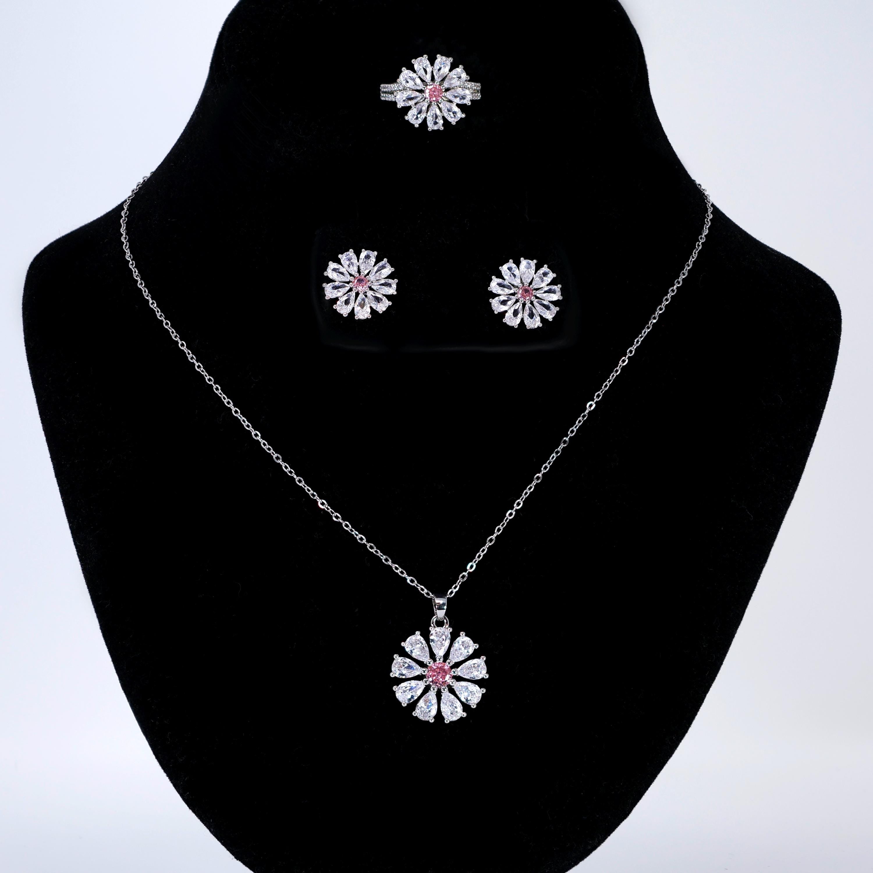CZ Blushing Flower Statement Pendant Diamond/Crystal Necklace Set, Bridal Ring, Bridal Earrings, Statement Necklace