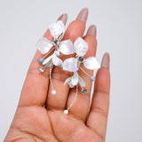 Shimmering Resin Silver Petals And Crystal, Rhinestone Earrings, Long Bridal Jewelry, Clip On Statement Earrings.