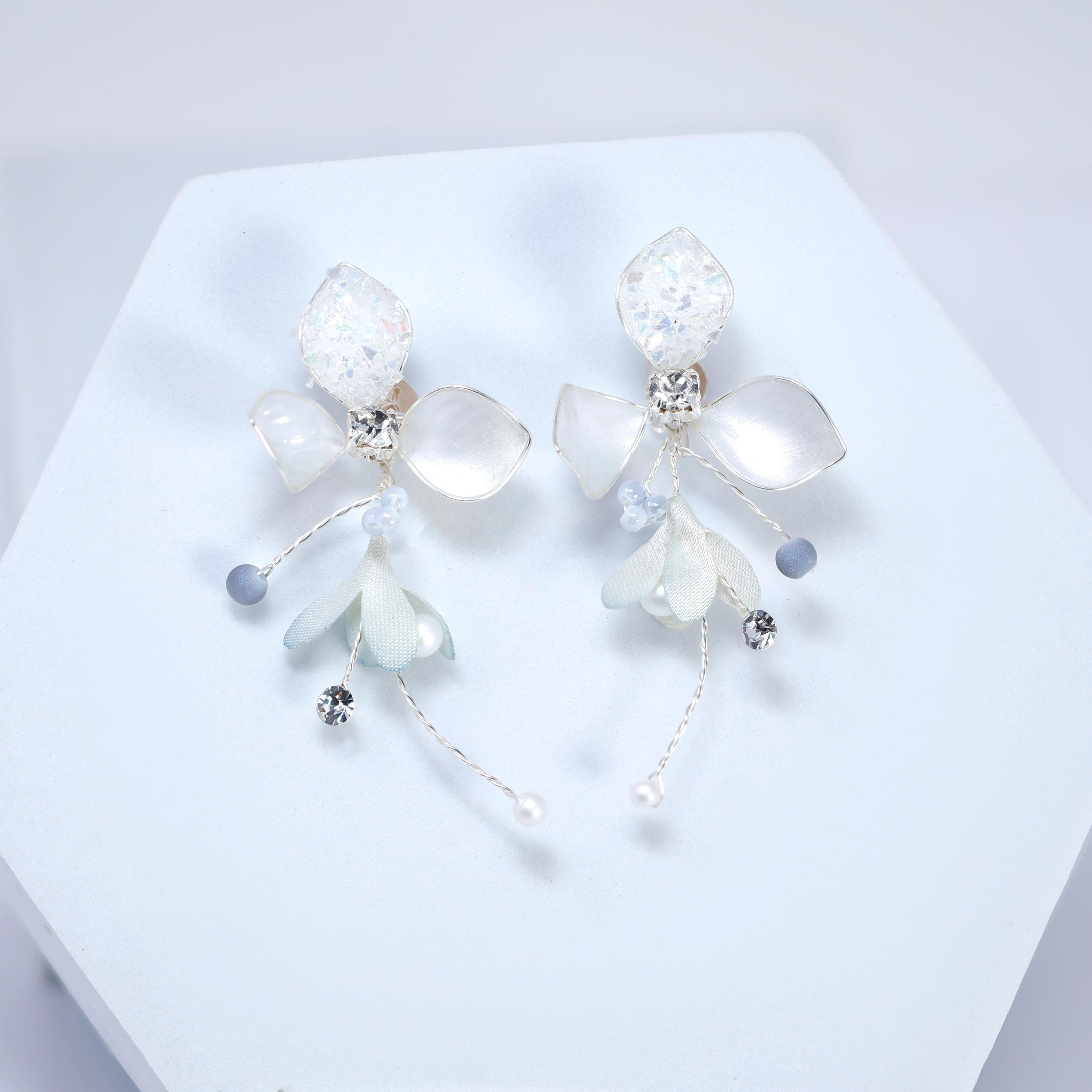 Shimmering Resin Silver Petals And Crystal, Rhinestone Earrings, Long Bridal Jewelry, Clip On Statement Earrings.