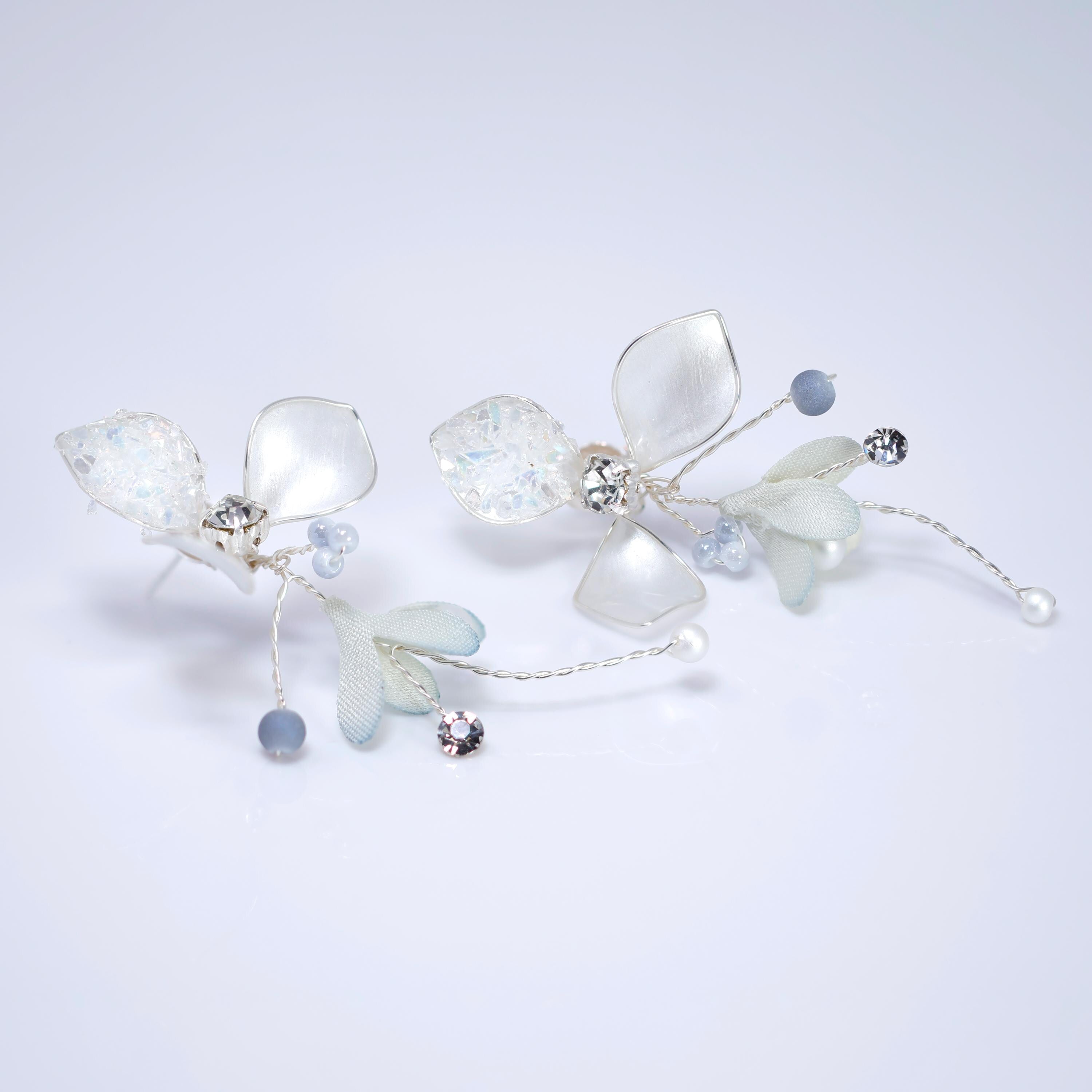 Shimmering Resin Silver Petals And Crystal, Rhinestone Earrings, Long Bridal Jewelry, Clip On Statement Earrings.
