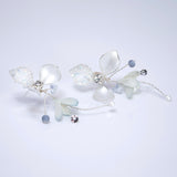 Shimmering Resin Silver Petals And Crystal, Rhinestone Earrings, Long Bridal Jewelry, Clip On Statement Earrings.