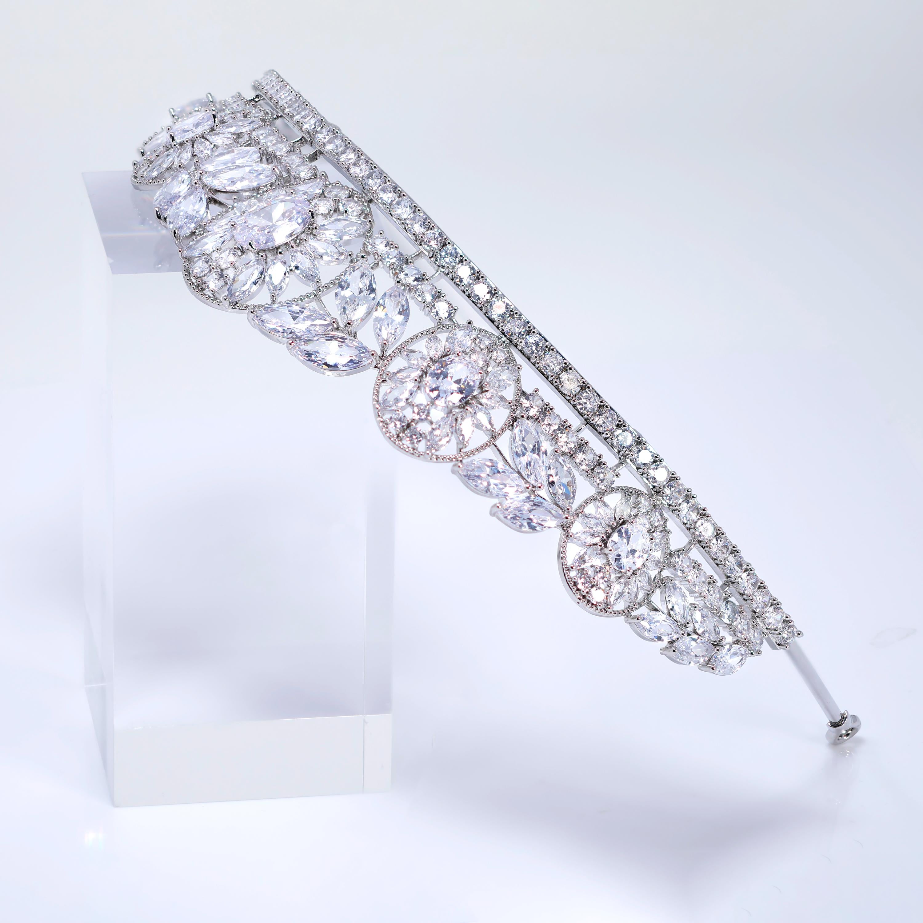 Cubic Zirconia Floral Centered In Divine Tiara, Gift For Her, Bride Tiara, Wedding Jewelry.