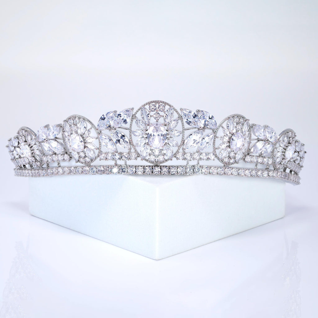 Cubic Zirconia Floral Centered In Divine Tiara, Gift For Her, Bride Tiara, Wedding Jewelry.