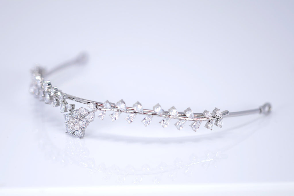 Cubic Zirconia Dainty Flower Surrounding Leaves Tiara, bridal Hair Accessories, crown crystal wedding Tiara For Bun Hairstyle.