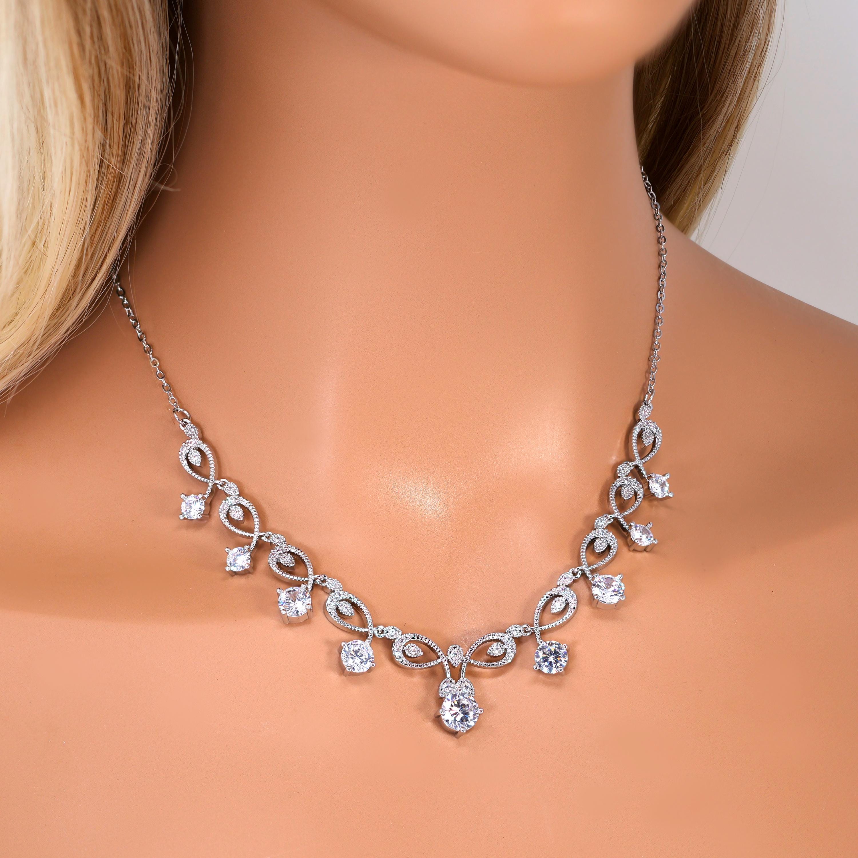 CZ Echoes of Henna Diamond/Crystal Necklace and Earring Set , Bridal Necklace Set, Bridal Jewelry, Statement Necklace