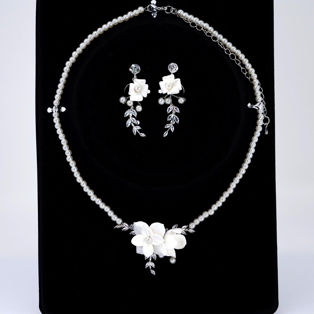 CZ Leaves With White Flowers In Pearl's Embrace Jewelry Set, Gift For Her, Bride to be, Mother Of Bride, Bridal Wedding Accessory.