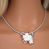 CZ Leaves With White Flowers In Rain Drops In Pearl's Embrace Jewelry Set, Gift For Her, Mother Of Bride, Bridal Wedding Accessory.
