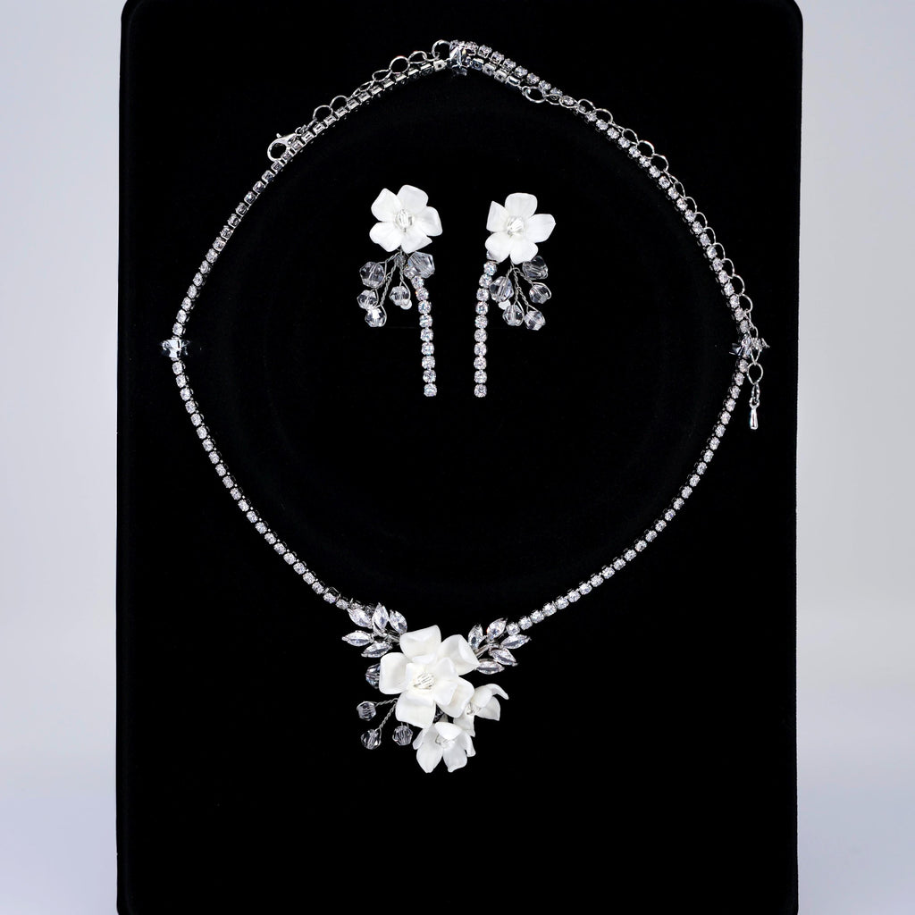 CZ Leaves With White Flowers In Rain Drops In Pearl's Embrace Jewelry Set, Gift For Her, Mother Of Bride, Bridal Wedding Accessory.