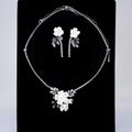 CZ Leaves With White Flowers In Rain Drops In Pearl's Embrace Jewelry Set, Gift For Her, Mother Of Bride, Bridal Wedding Accessory.