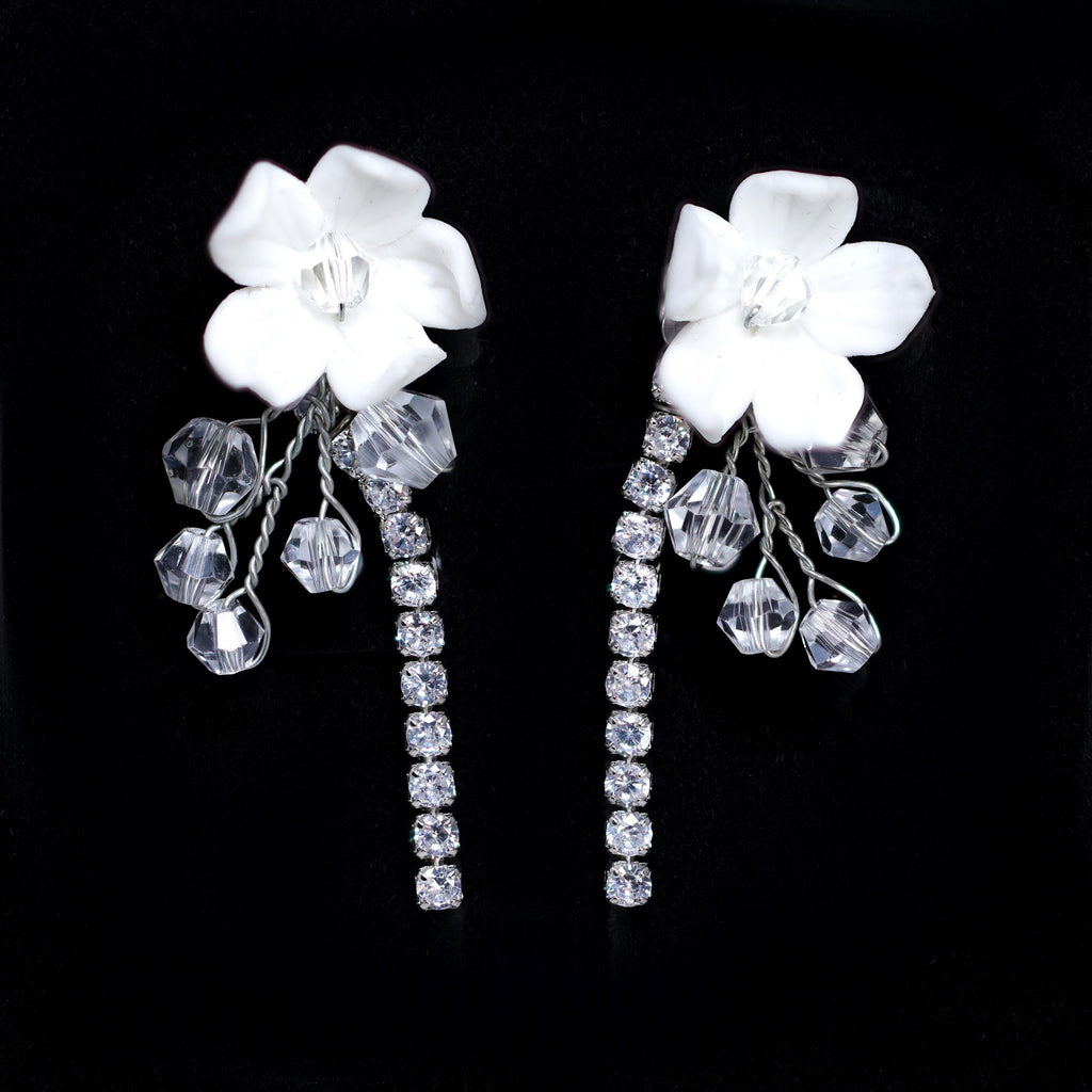 CZ Leaves With White Flowers In Rain Drops In Pearl's Embrace Jewelry Set, Gift For Her, Mother Of Bride, Bridal Wedding Accessory.