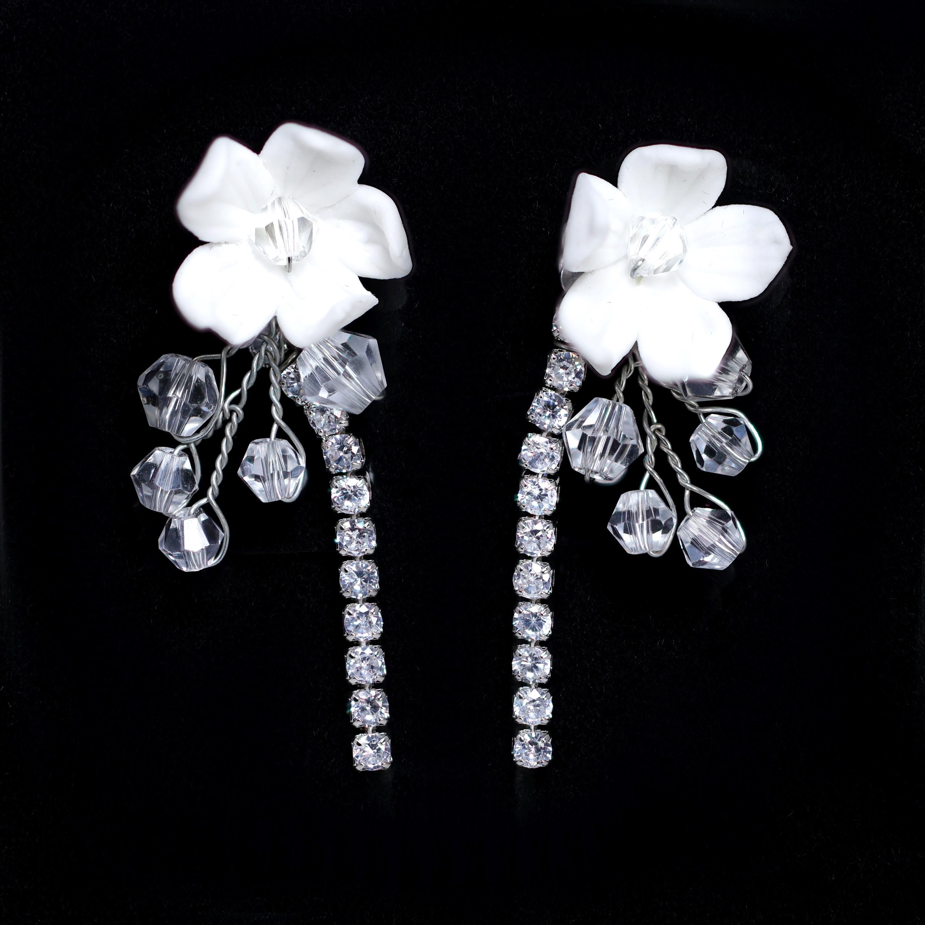 CZ Leaves With White Flowers In Rain Drops In Pearl's Embrace Jewelry Set, Gift For Her, Mother Of Bride, Bridal Wedding Accessory.